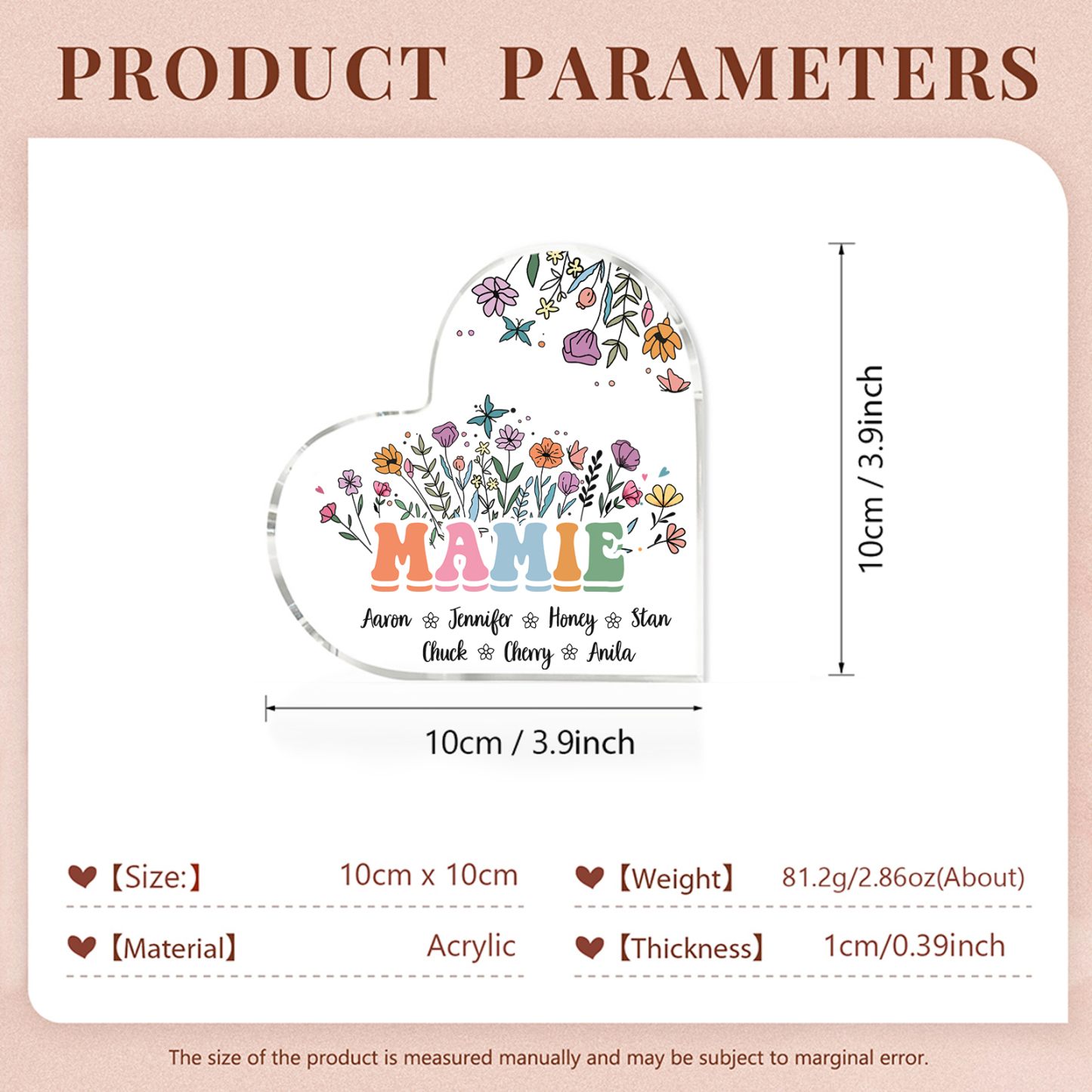À Ma Mamie Plaque Acrylique Commémorative en Forme de Cœur ours 7 Prénoms avec texte | Jessemade