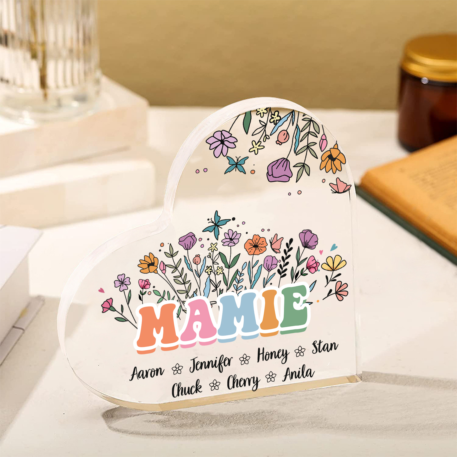 À Ma Mamie Plaque Acrylique Commémorative en Forme de Cœur ours 7 Prénoms avec texte | Jessemade