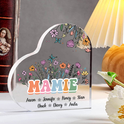 À Ma Mamie Plaque Acrylique Commémorative en Forme de Cœur ours 7 Prénoms avec texte | Jessemade