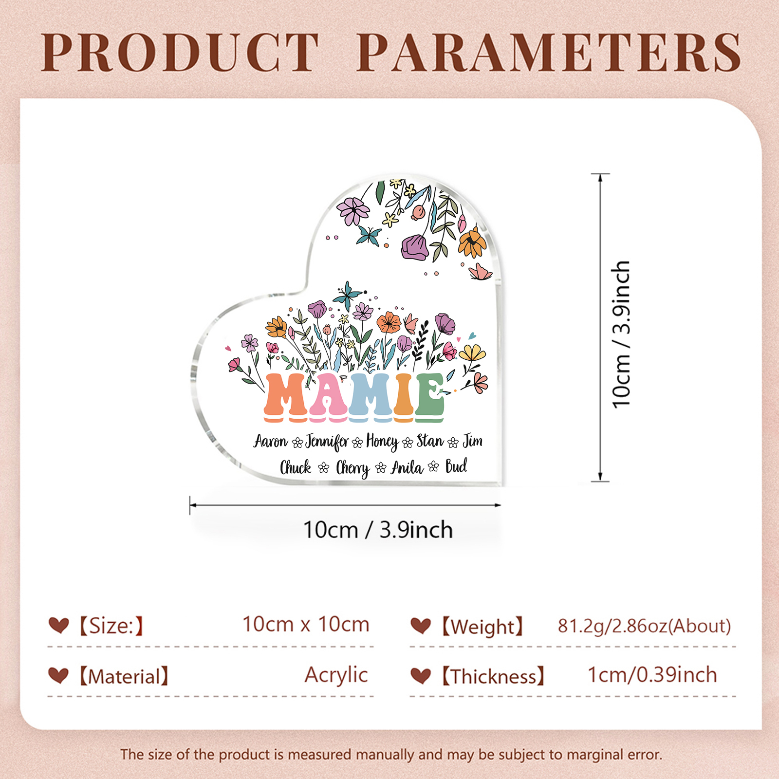 À Ma Mamie Plaque Acrylique Commémorative en Forme de Cœur ours 9 Prénoms avec texte | Jessemade