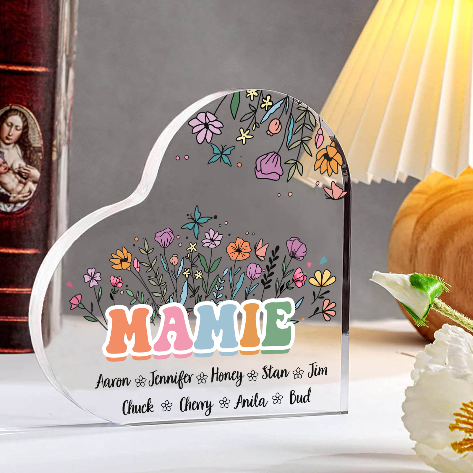 À Ma Mamie Plaque Acrylique Commémorative en Forme de Cœur ours 9 Prénoms avec texte | Jessemade