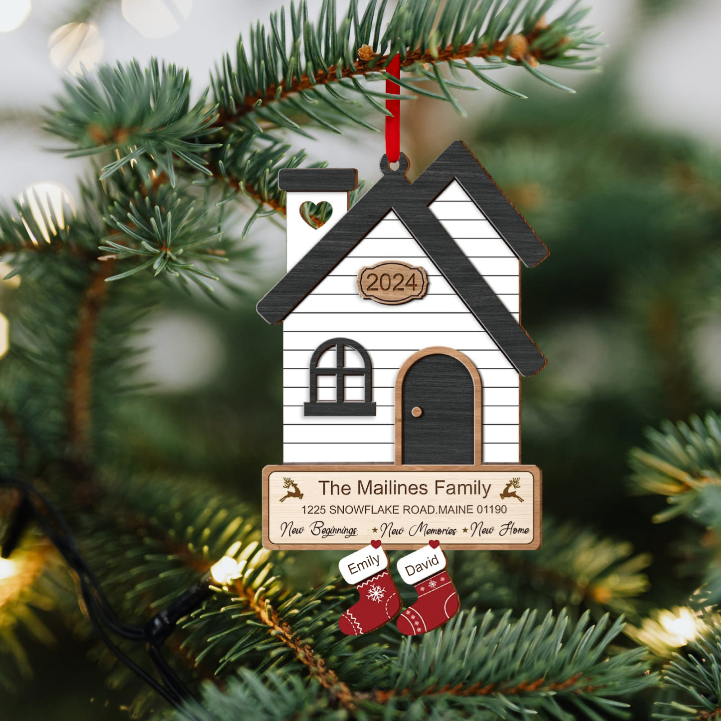Décoration Sapin Noël en Bois Maison 2 Prénoms Personnalisés avec années et 2 Texte Ornement pour Famille | Jessemade
