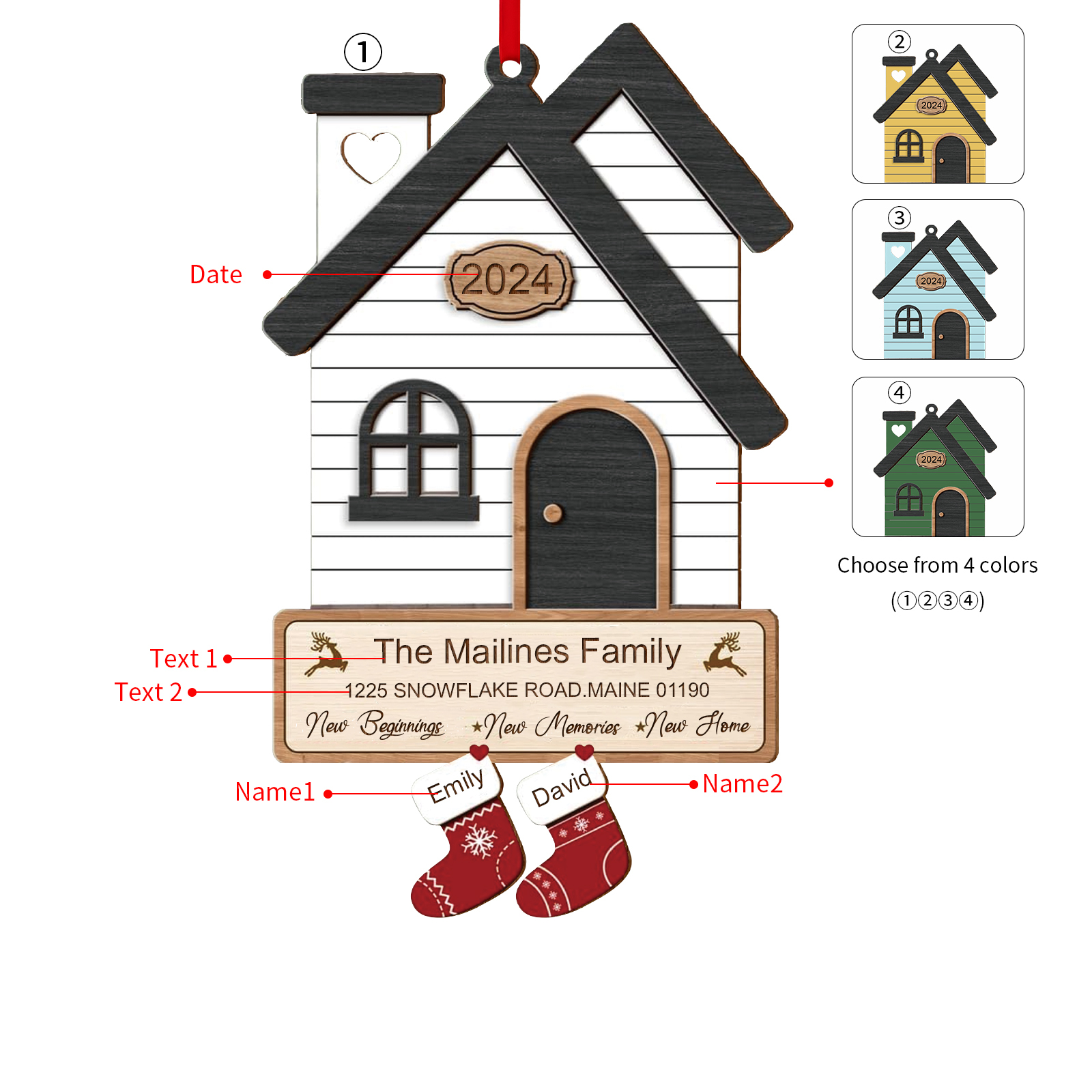 Décoration Sapin Noël en Bois Maison 2 Prénoms Personnalisés avec années et 2 Texte Ornement pour Famille | Jessemade