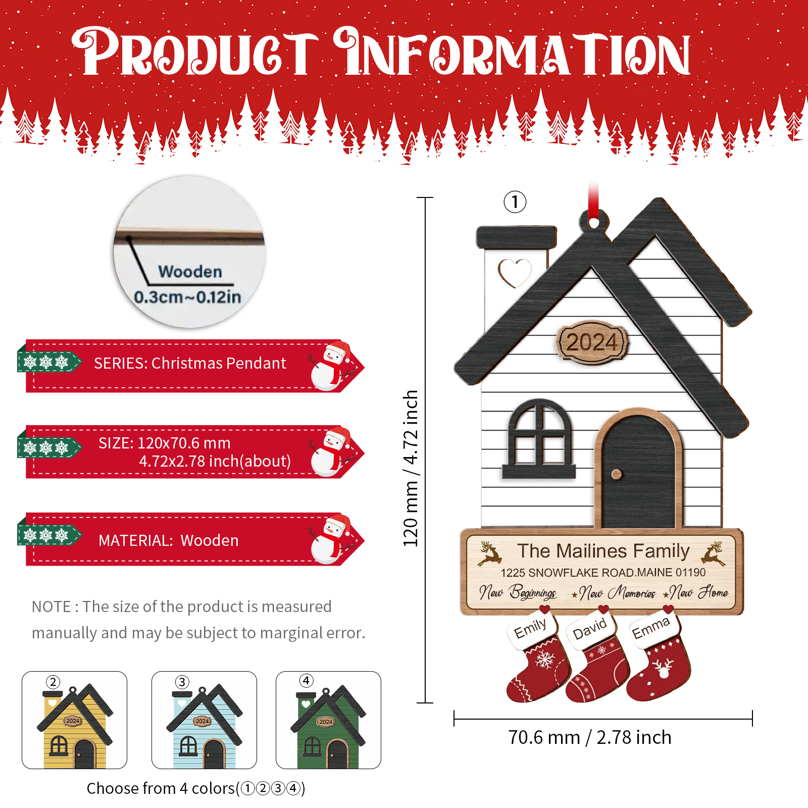 Décoration Sapin Noël en Bois Maison 3 Prénoms Personnalisés avec années et 2 Texte Ornement pour Famille | Jessemade