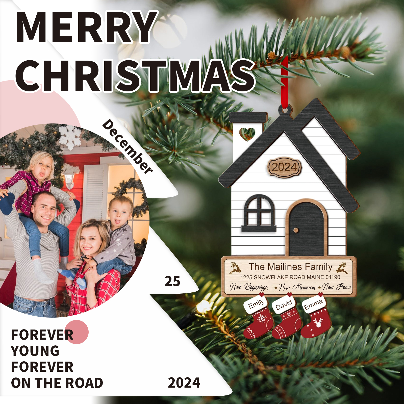 Décoration Sapin Noël en Bois Maison 3 Prénoms Personnalisés avec années et 2 Texte Ornement pour Famille | Jessemade