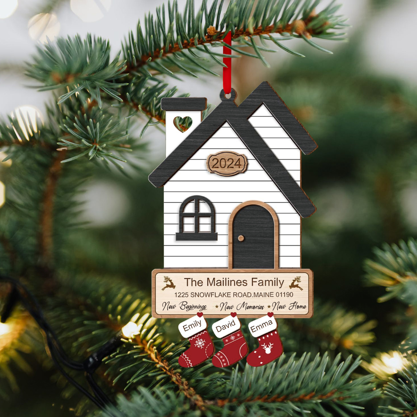 Décoration Sapin Noël en Bois Maison 3 Prénoms Personnalisés avec années et 2 Texte Ornement pour Famille | Jessemade