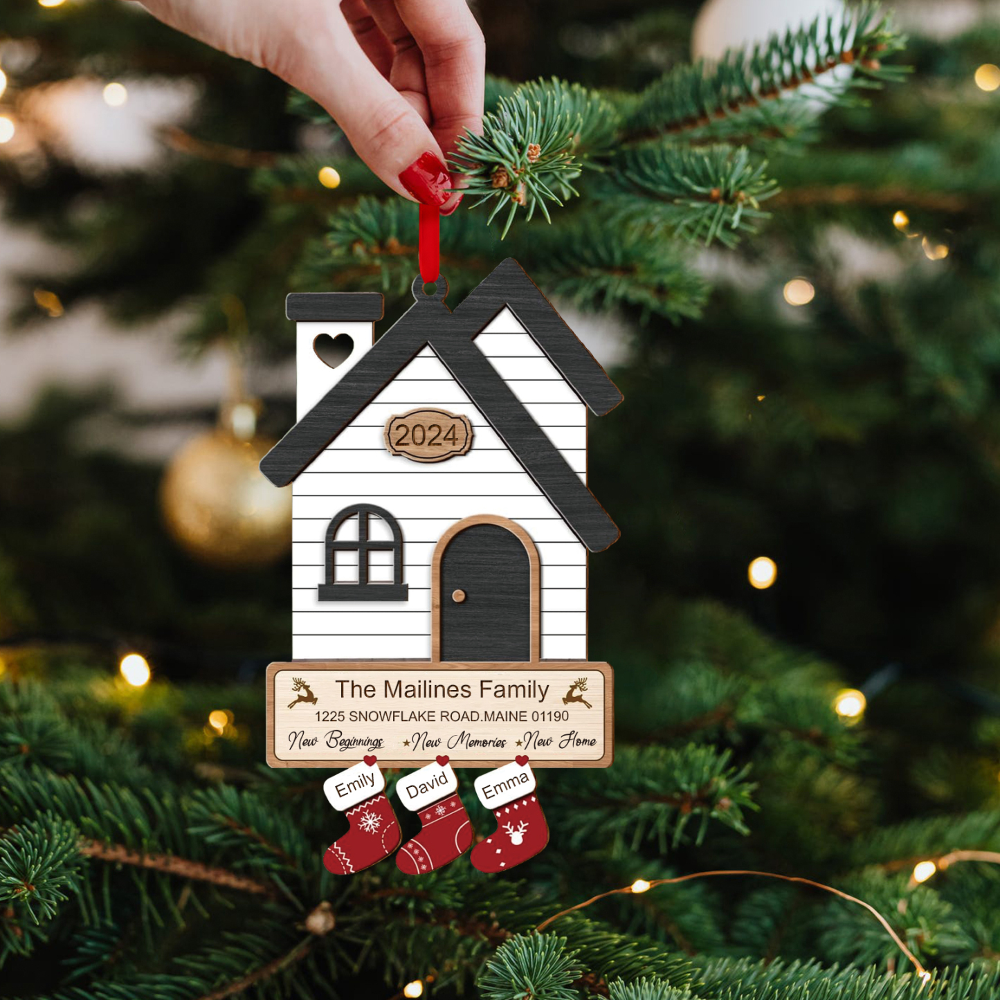 Décoration Sapin Noël en Bois Maison 3 Prénoms Personnalisés avec années et 2 Texte Ornement pour Famille | Jessemade