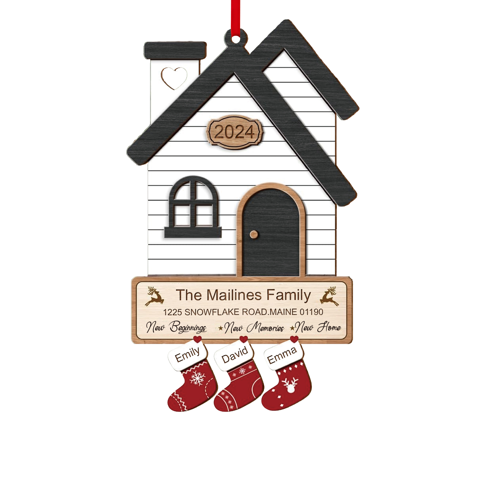 Décoration Sapin Noël en Bois Maison 3 Prénoms Personnalisés avec années et 2 Texte Ornement pour Famille | Jessemade