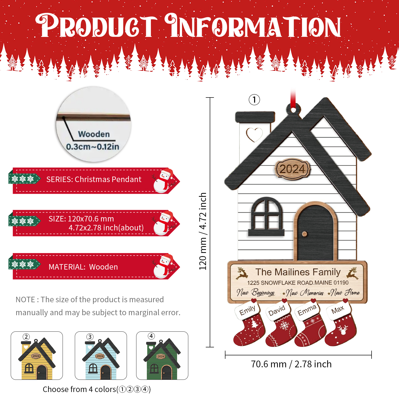 Décoration Sapin Noël en Bois Maison 4 Prénoms Personnalisés avec années et 2 Texte Ornement pour Famille | Jessemade