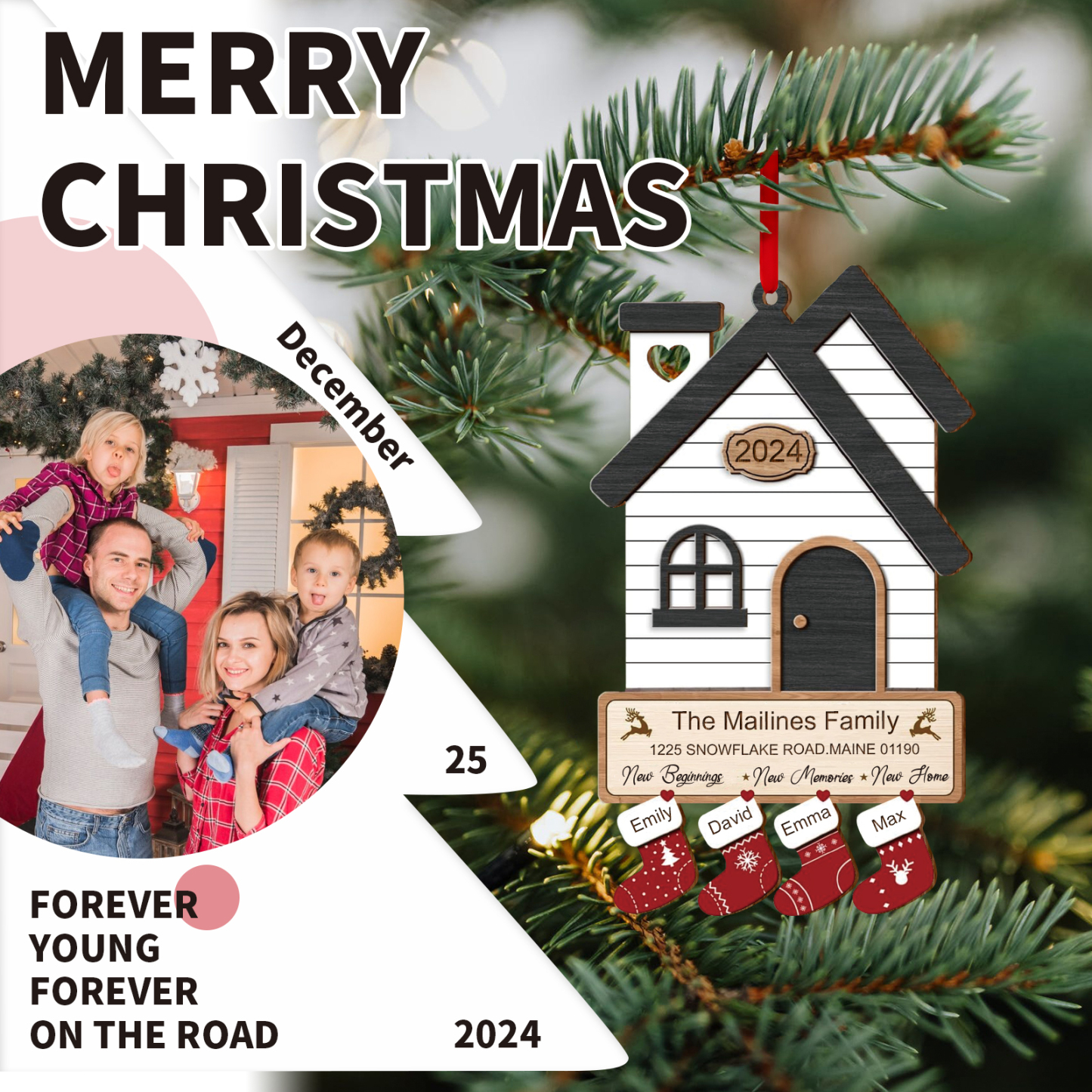 Décoration Sapin Noël en Bois Maison 4 Prénoms Personnalisés avec années et 2 Texte Ornement pour Famille | Jessemade