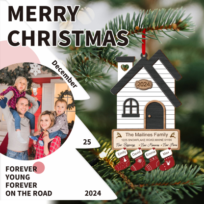 Décoration Sapin Noël en Bois Maison 4 Prénoms Personnalisés avec années et 2 Texte Ornement pour Famille | Jessemade