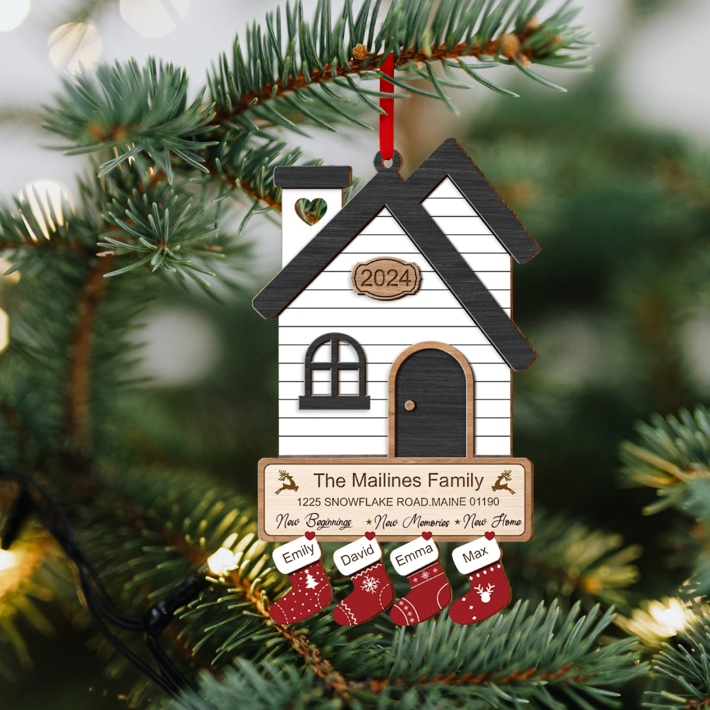 Décoration Sapin Noël en Bois Maison 4 Prénoms Personnalisés avec années et 2 Texte Ornement pour Famille | Jessemade