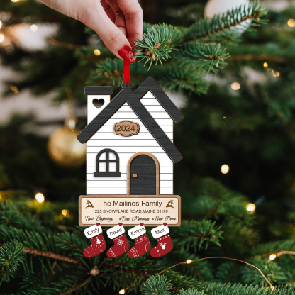 Décoration Sapin Noël en Bois Maison 4 Prénoms Personnalisés avec années et 2 Texte Ornement pour Famille | Jessemade
