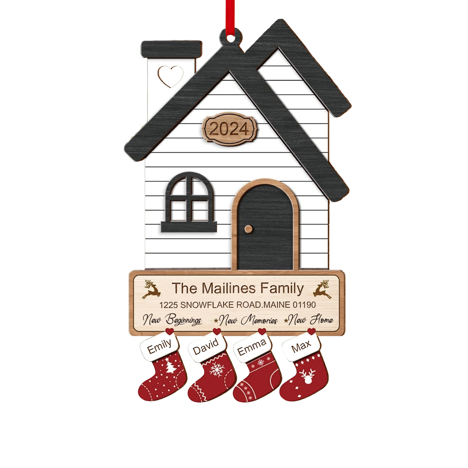 Décoration Sapin Noël en Bois Maison 4 Prénoms Personnalisés avec années et 2 Texte Ornement pour Famille | Jessemade