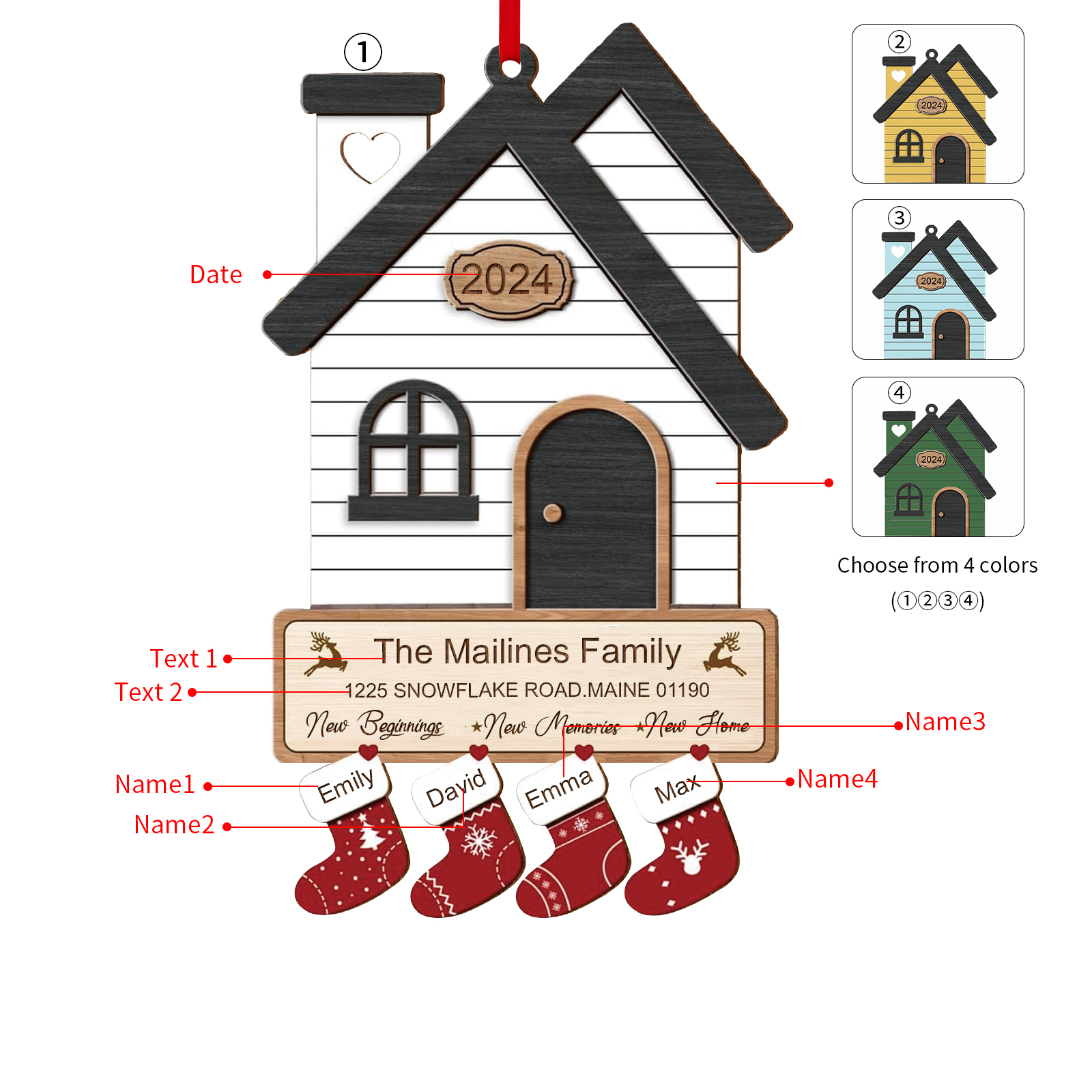 Décoration Sapin Noël en Bois Maison 4 Prénoms Personnalisés avec années et 2 Texte Ornement pour Famille | Jessemade