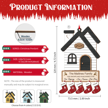Décoration Sapin Noël en Bois Maison 5 Prénoms Personnalisés avec années et 2 Texte Ornement pour Famille | Jessemade