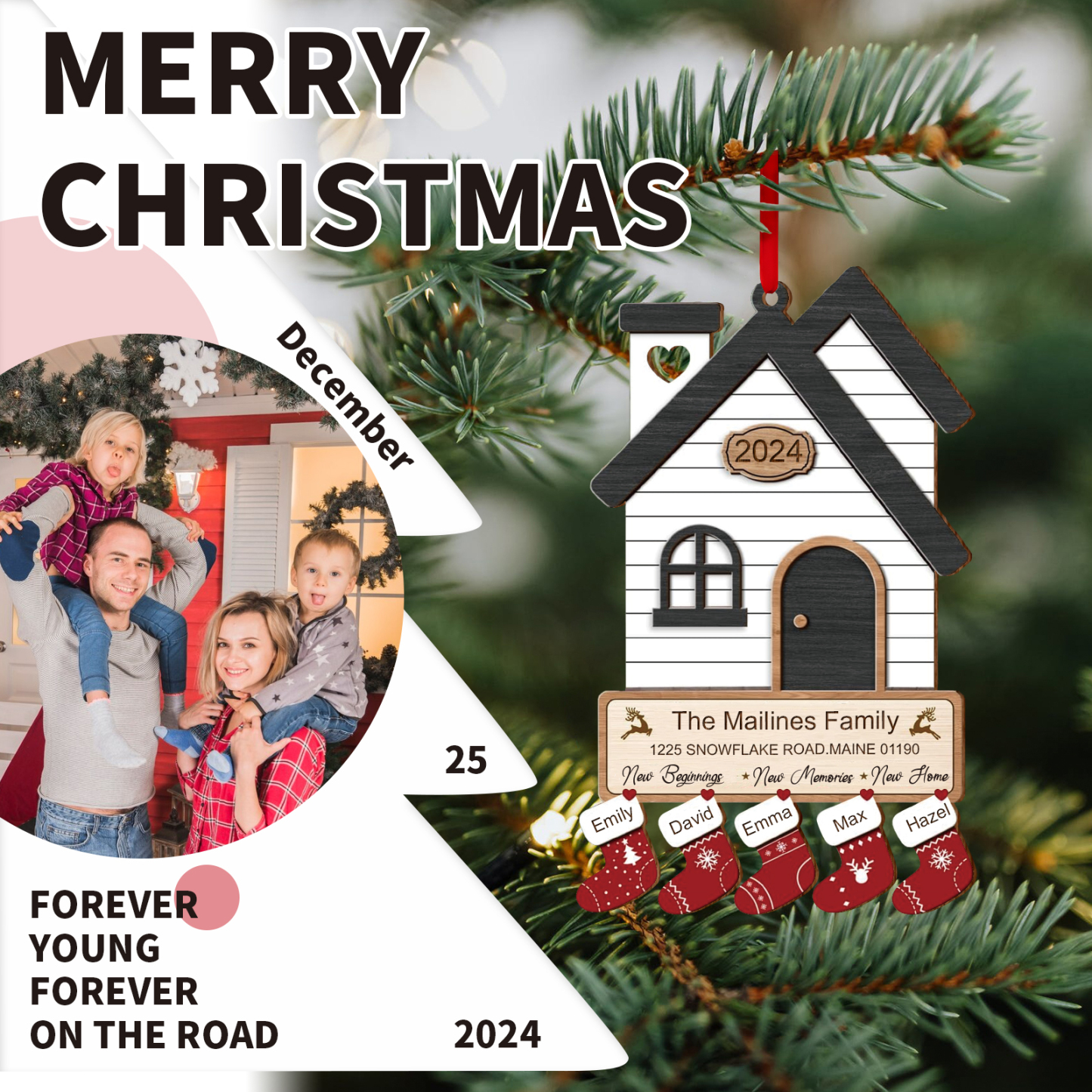 Décoration Sapin Noël en Bois Maison 5 Prénoms Personnalisés avec années et 2 Texte Ornement pour Famille | Jessemade