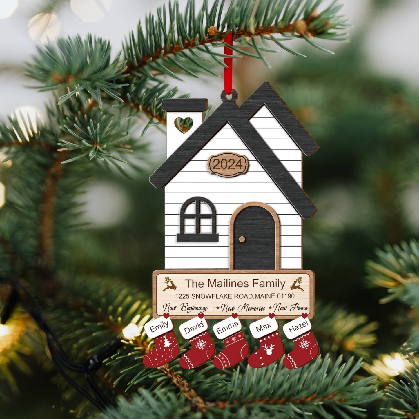 Décoration Sapin Noël en Bois Maison 5 Prénoms Personnalisés avec années et 2 Texte Ornement pour Famille | Jessemade