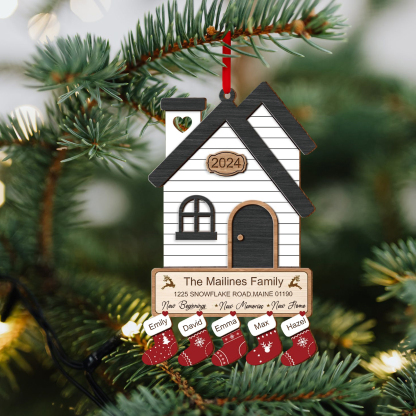 Décoration Sapin Noël en Bois Maison 5 Prénoms Personnalisés avec années et 2 Texte Ornement pour Famille | Jessemade