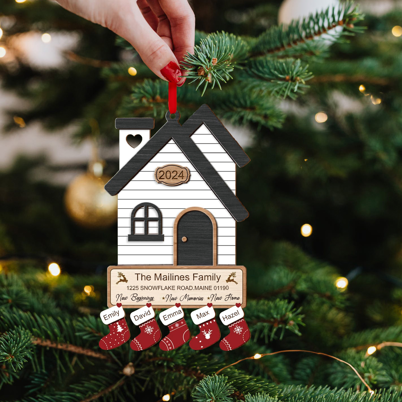 Décoration Sapin Noël en Bois Maison 5 Prénoms Personnalisés avec années et 2 Texte Ornement pour Famille | Jessemade