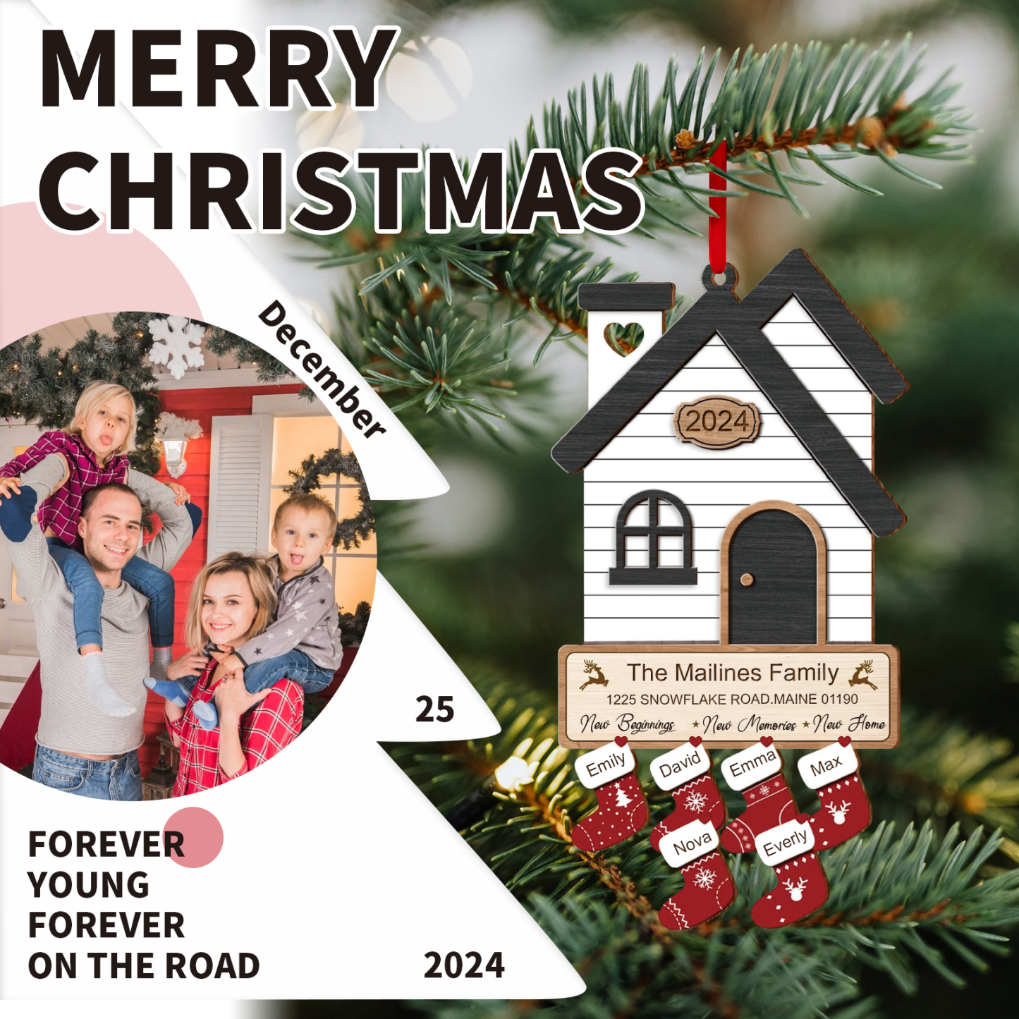 Décoration Sapin Noël en Bois Maison 6 Prénoms Personnalisés avec années et 2 Texte Ornement pour Famille | Jessemade