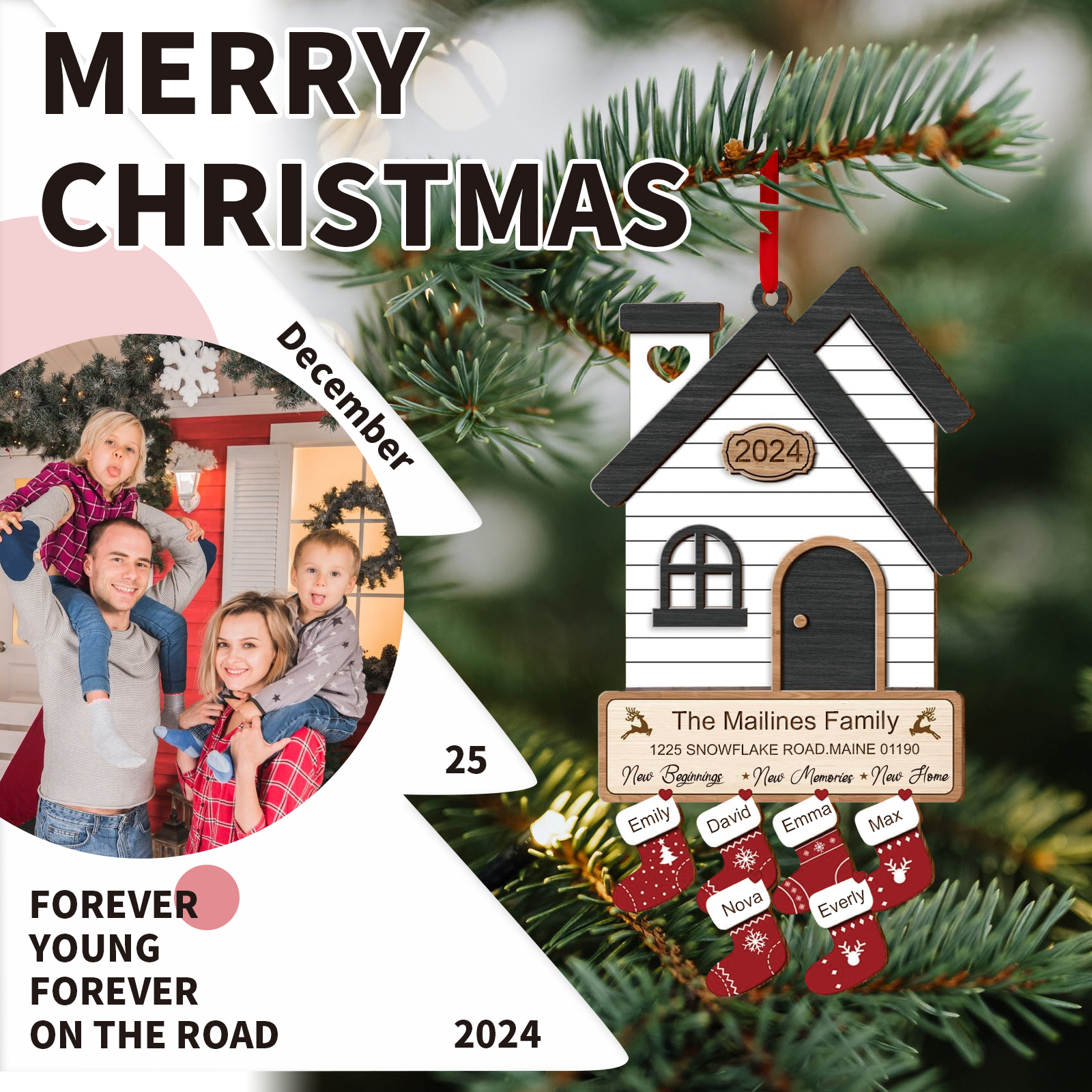 Décoration Sapin Noël en Bois Maison 6 Prénoms Personnalisés avec années et 2 Texte Ornement pour Famille | Jessemade
