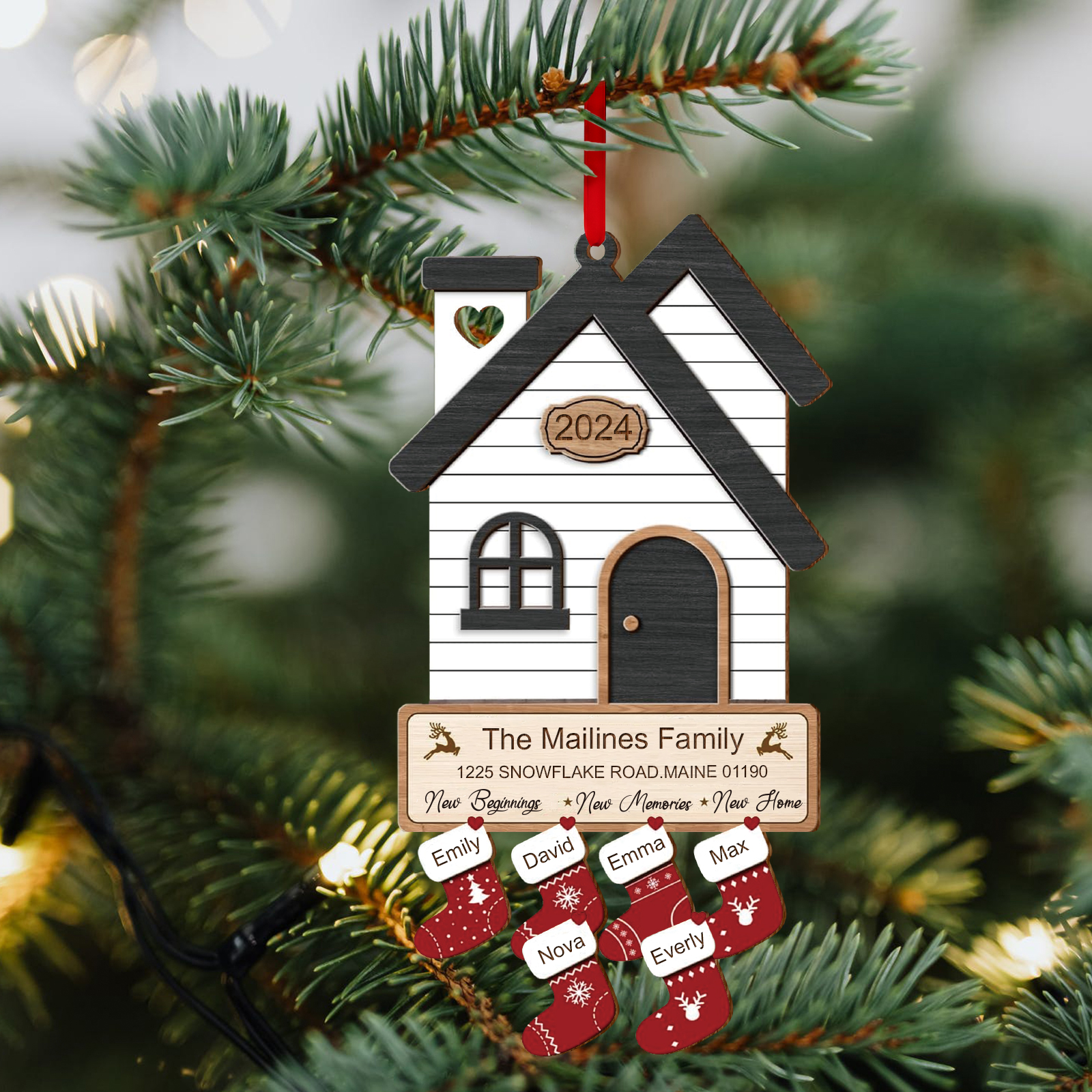 Décoration Sapin Noël en Bois Maison 6 Prénoms Personnalisés avec années et 2 Texte Ornement pour Famille | Jessemade