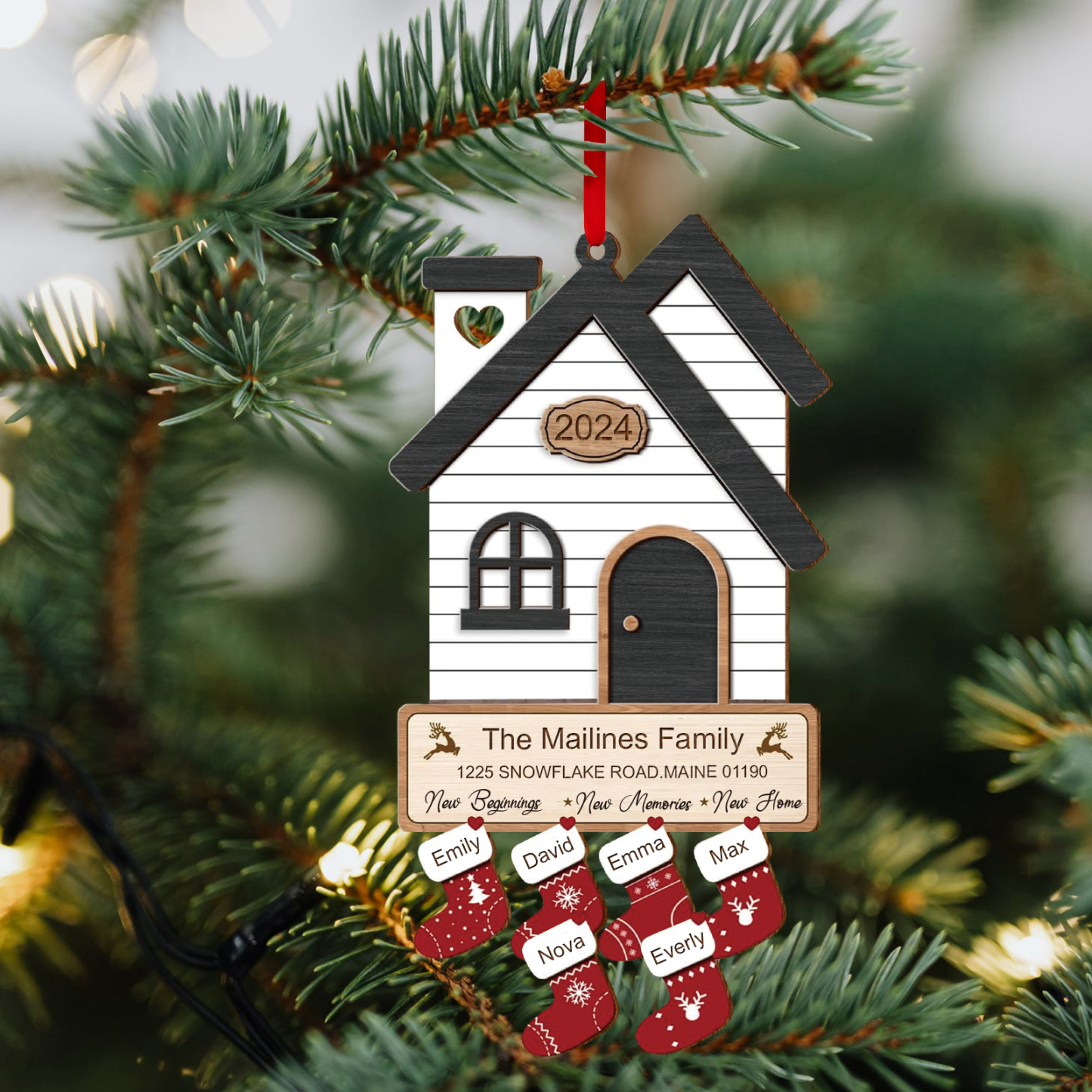 Décoration Sapin Noël en Bois Maison 6 Prénoms Personnalisés avec années et 2 Texte Ornement pour Famille | Jessemade