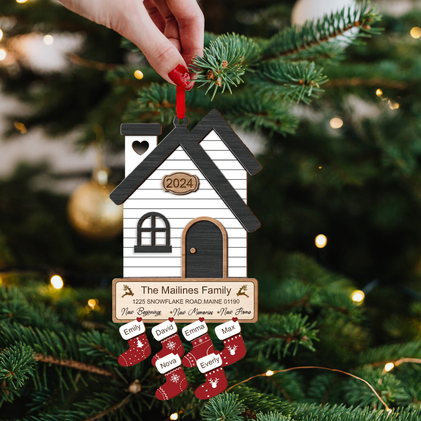 Décoration Sapin Noël en Bois Maison 6 Prénoms Personnalisés avec années et 2 Texte Ornement pour Famille | Jessemade