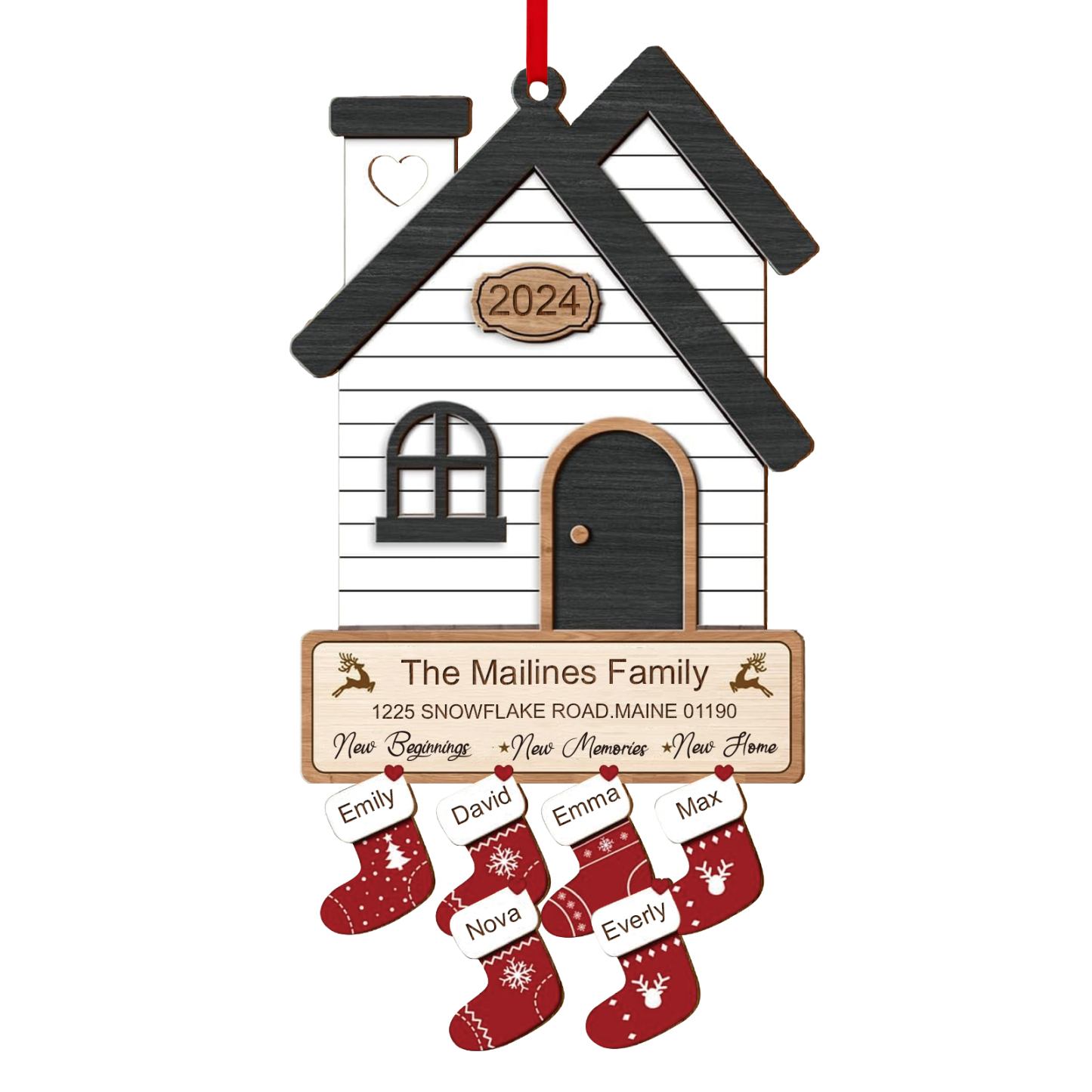 Décoration Sapin Noël en Bois Maison 6 Prénoms Personnalisés avec années et 2 Texte Ornement pour Famille | Jessemade