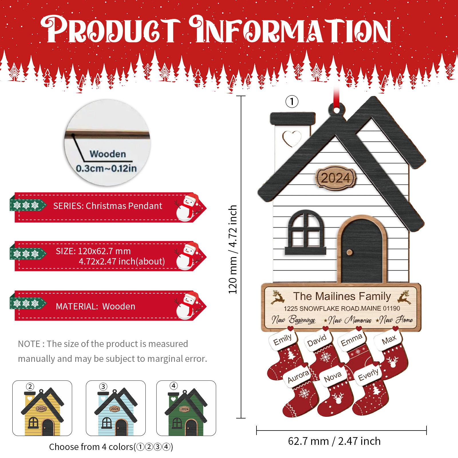 Décoration Sapin Noël en Bois Maison 7 Prénoms Personnalisés avec années et 2 Texte Ornement pour Famille | Jessemade