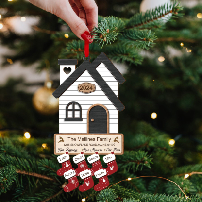 Décoration Sapin Noël en Bois Maison 7 Prénoms Personnalisés avec années et 2 Texte Ornement pour Famille | Jessemade