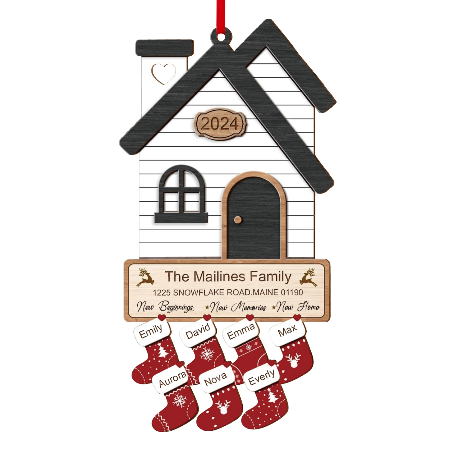 Décoration Sapin Noël en Bois Maison 7 Prénoms Personnalisés avec années et 2 Texte Ornement pour Famille | Jessemade