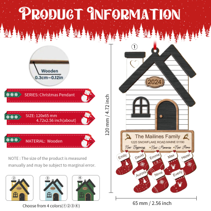 Décoration Sapin Noël en Bois Maison 8 Prénoms Personnalisés avec années et 2 Texte Ornement pour Famille | Jessemade