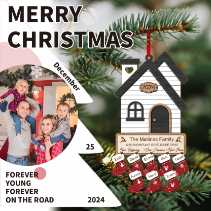 Décoration Sapin Noël en Bois Maison 8 Prénoms Personnalisés avec années et 2 Texte Ornement pour Famille | Jessemade