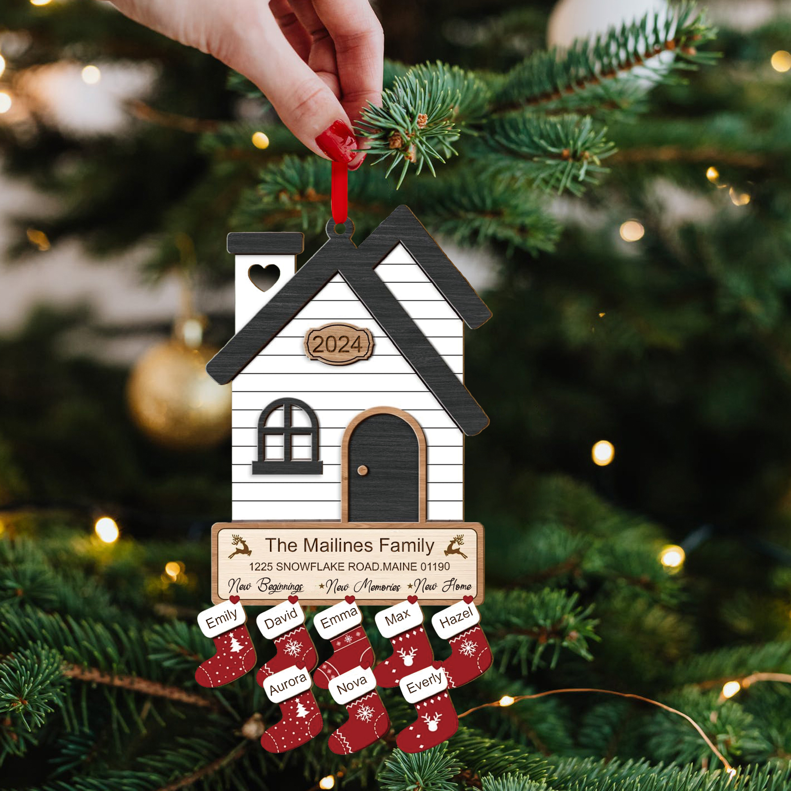 Décoration Sapin Noël en Bois Maison 8 Prénoms Personnalisés avec années et 2 Texte Ornement pour Famille | Jessemade