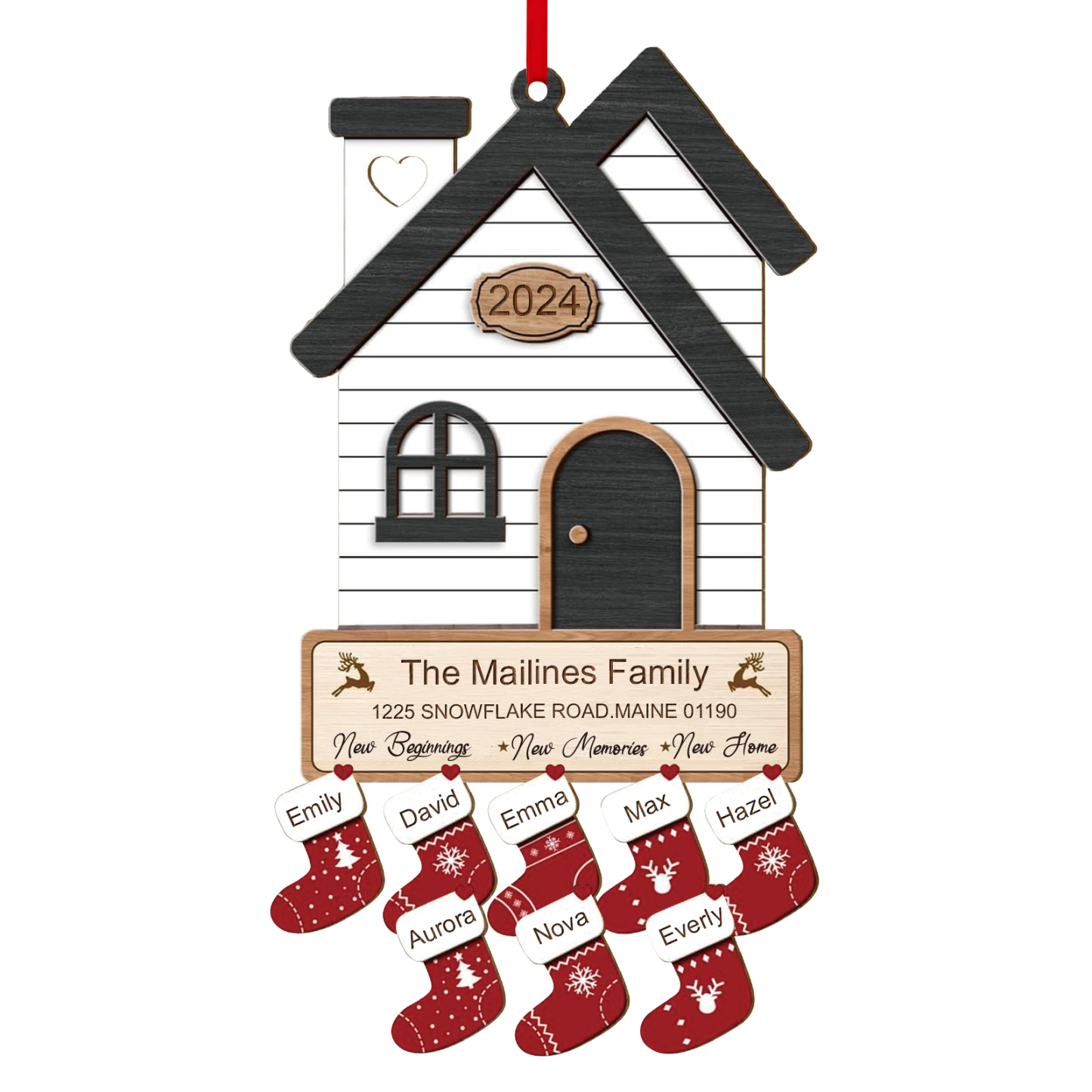 Décoration Sapin Noël en Bois Maison 8 Prénoms Personnalisés avec années et 2 Texte Ornement pour Famille | Jessemade