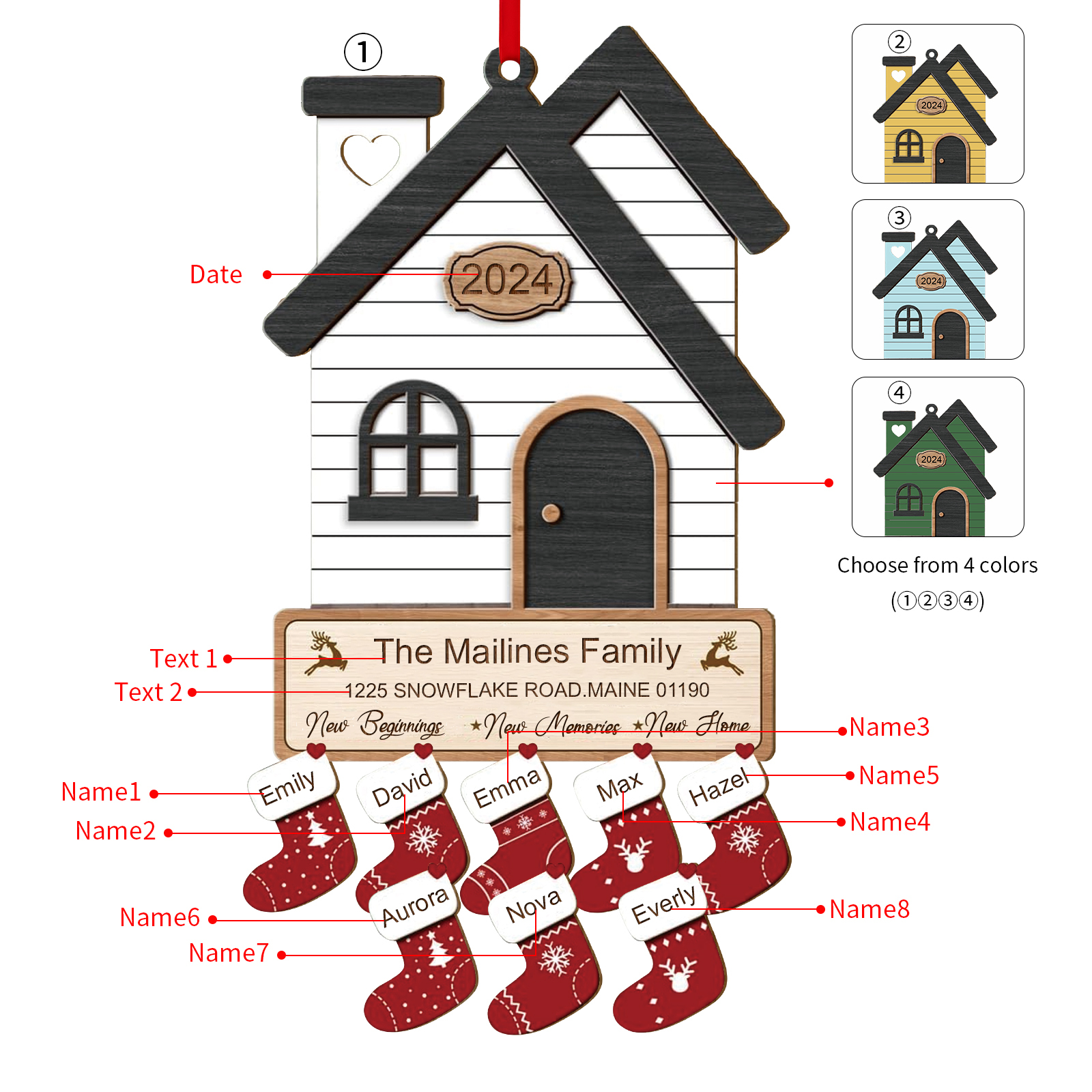 Décoration Sapin Noël en Bois Maison 8 Prénoms Personnalisés avec années et 2 Texte Ornement pour Famille | Jessemade
