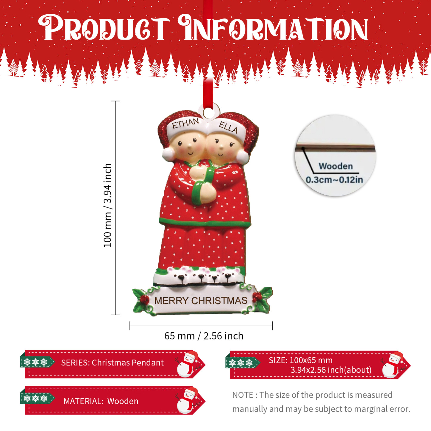 Décoration Sapin Noël en Bois 2 Prénoms Personnalisés avec Texte Ornement pour Famille | Jessemade