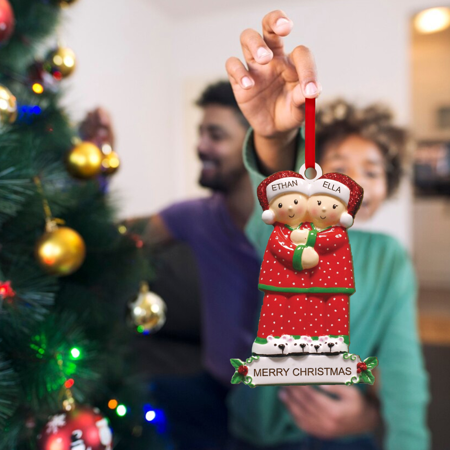 Décoration Sapin Noël en Bois 2 Prénoms Personnalisés avec Texte Ornement pour Famille | Jessemade
