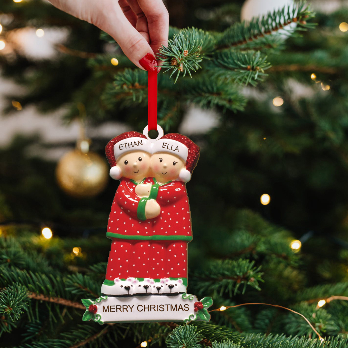 Décoration Sapin Noël en Bois 2 Prénoms Personnalisés avec Texte Ornement pour Famille | Jessemade