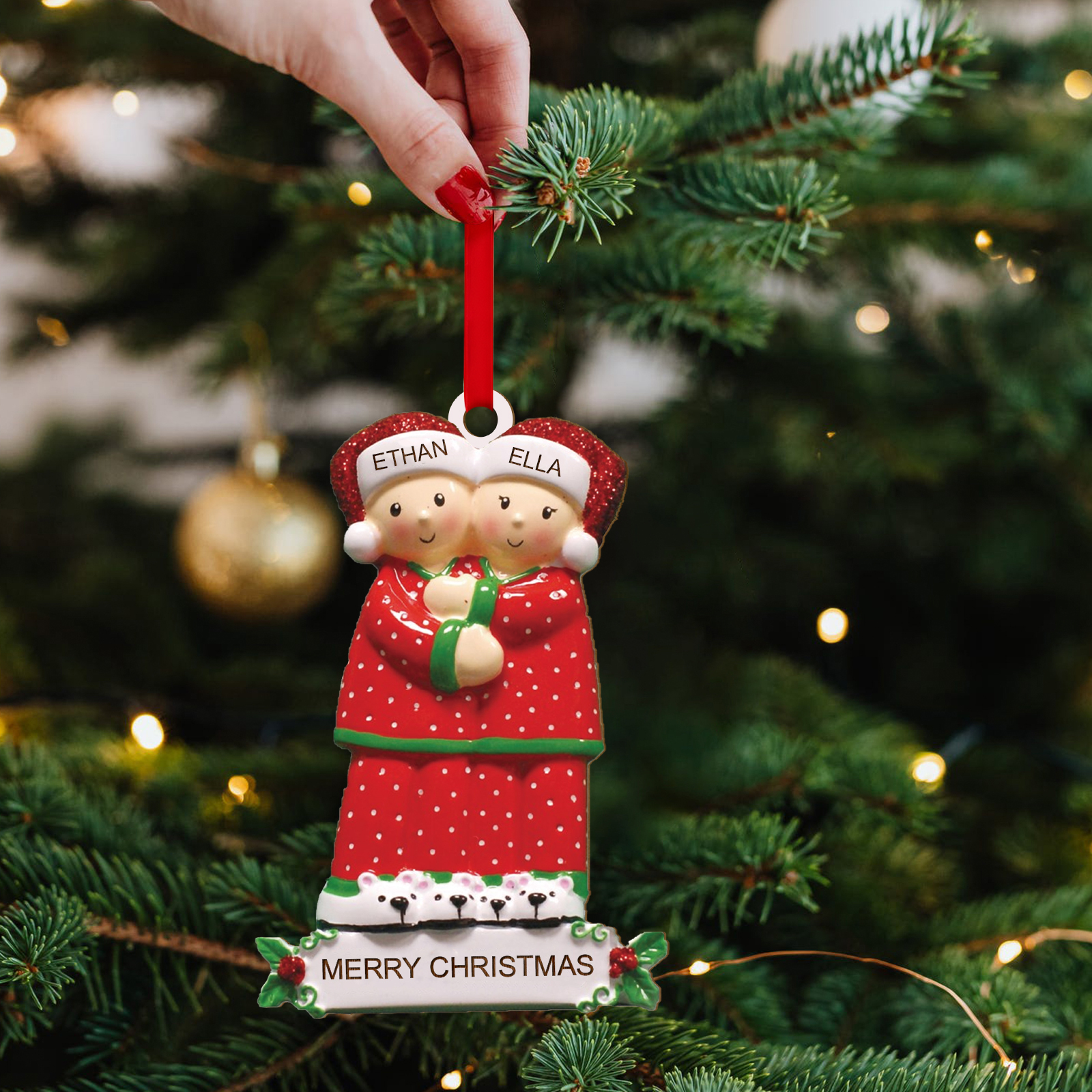 Décoration Sapin Noël en Bois 2 Prénoms Personnalisés avec Texte Ornement pour Famille | Jessemade