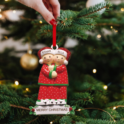 Décoration Sapin Noël en Bois 2 Prénoms Personnalisés avec Texte Ornement pour Famille | Jessemade