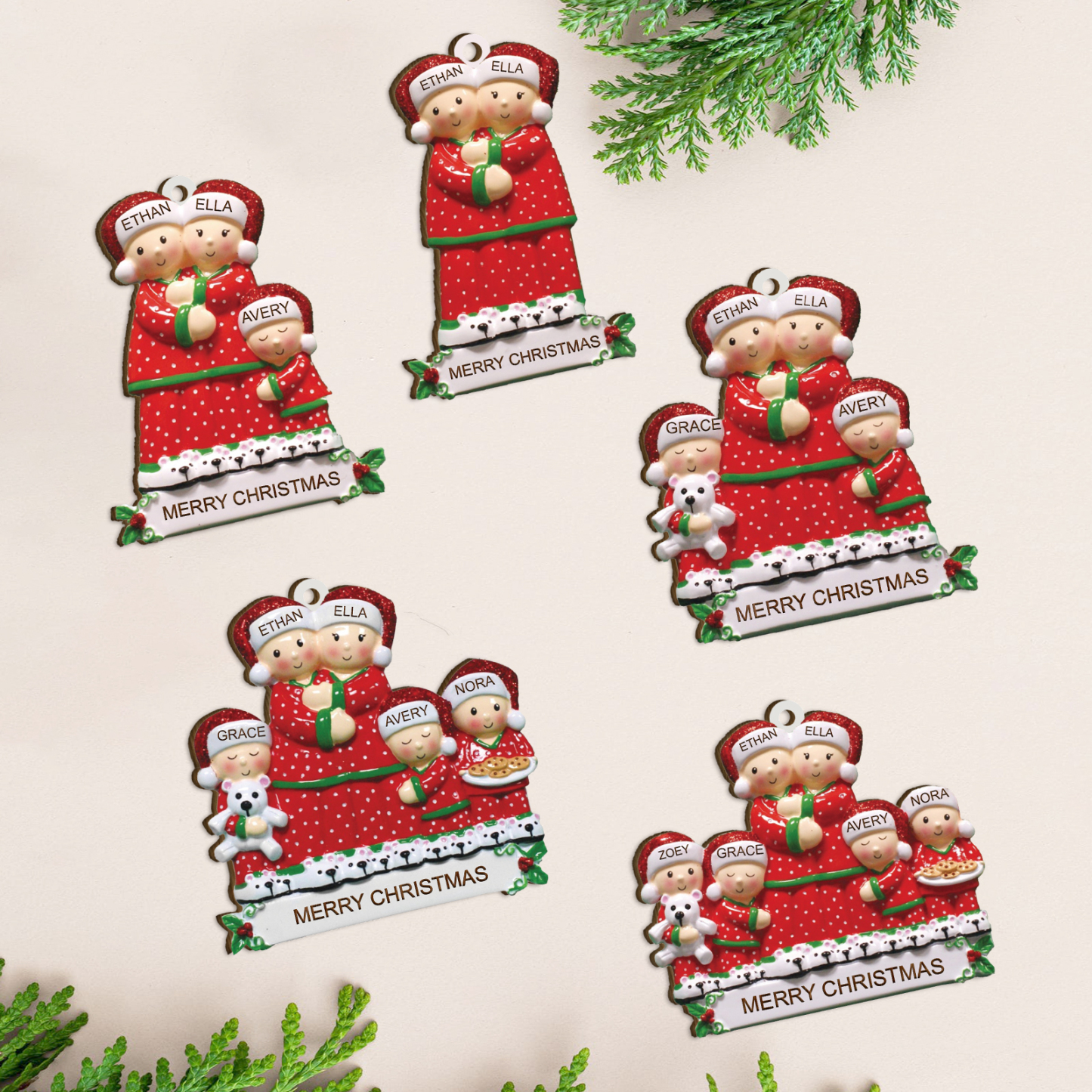Décoration Sapin Noël en Bois 2 Prénoms Personnalisés avec Texte Ornement pour Famille | Jessemade