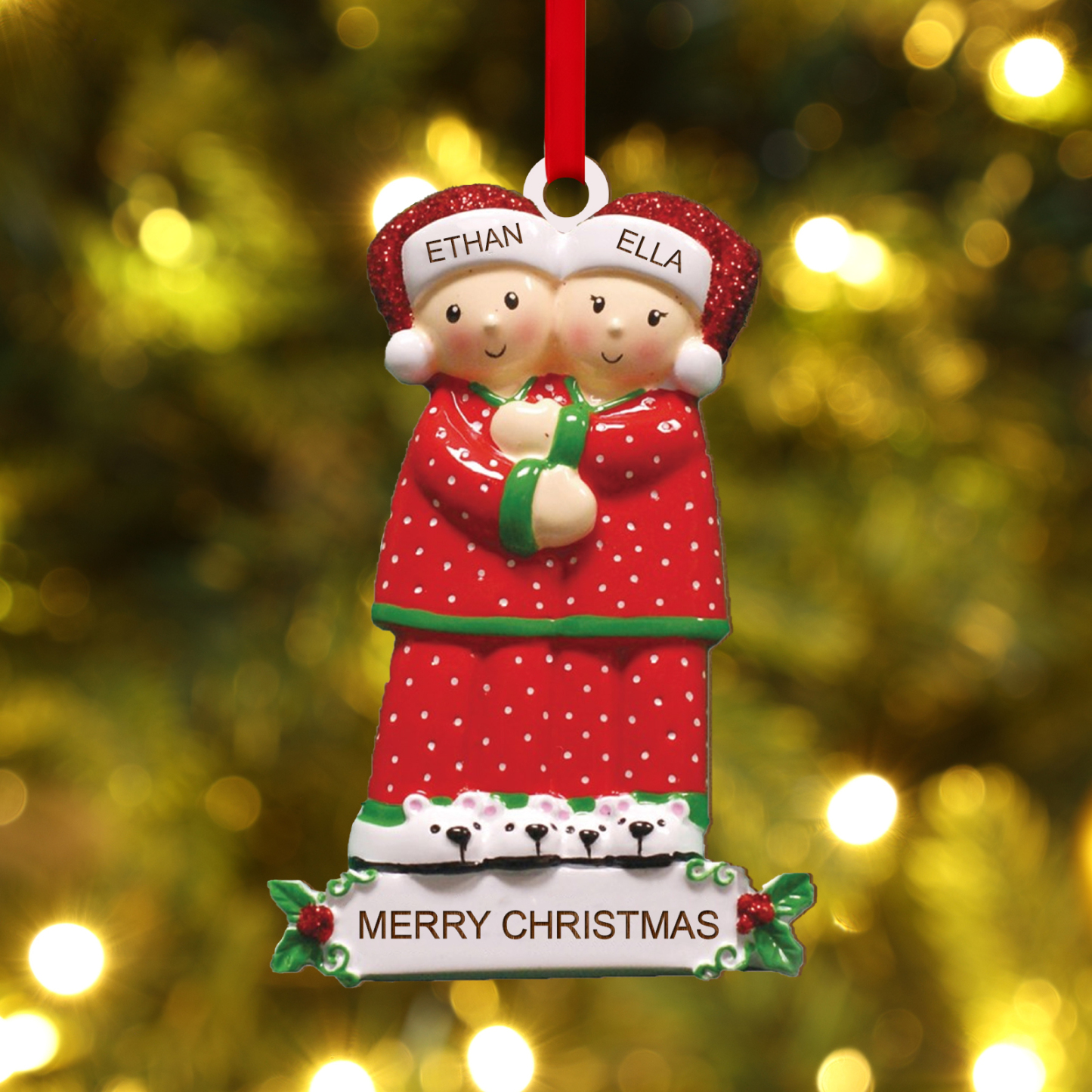 Décoration Sapin Noël en Bois 2 Prénoms Personnalisés avec Texte Ornem