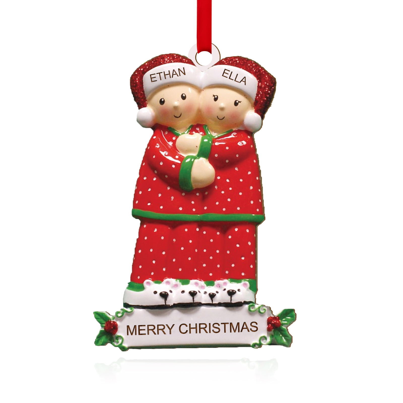 Décoration Sapin Noël en Bois 2 Prénoms Personnalisés avec Texte Ornement pour Famille | Jessemade