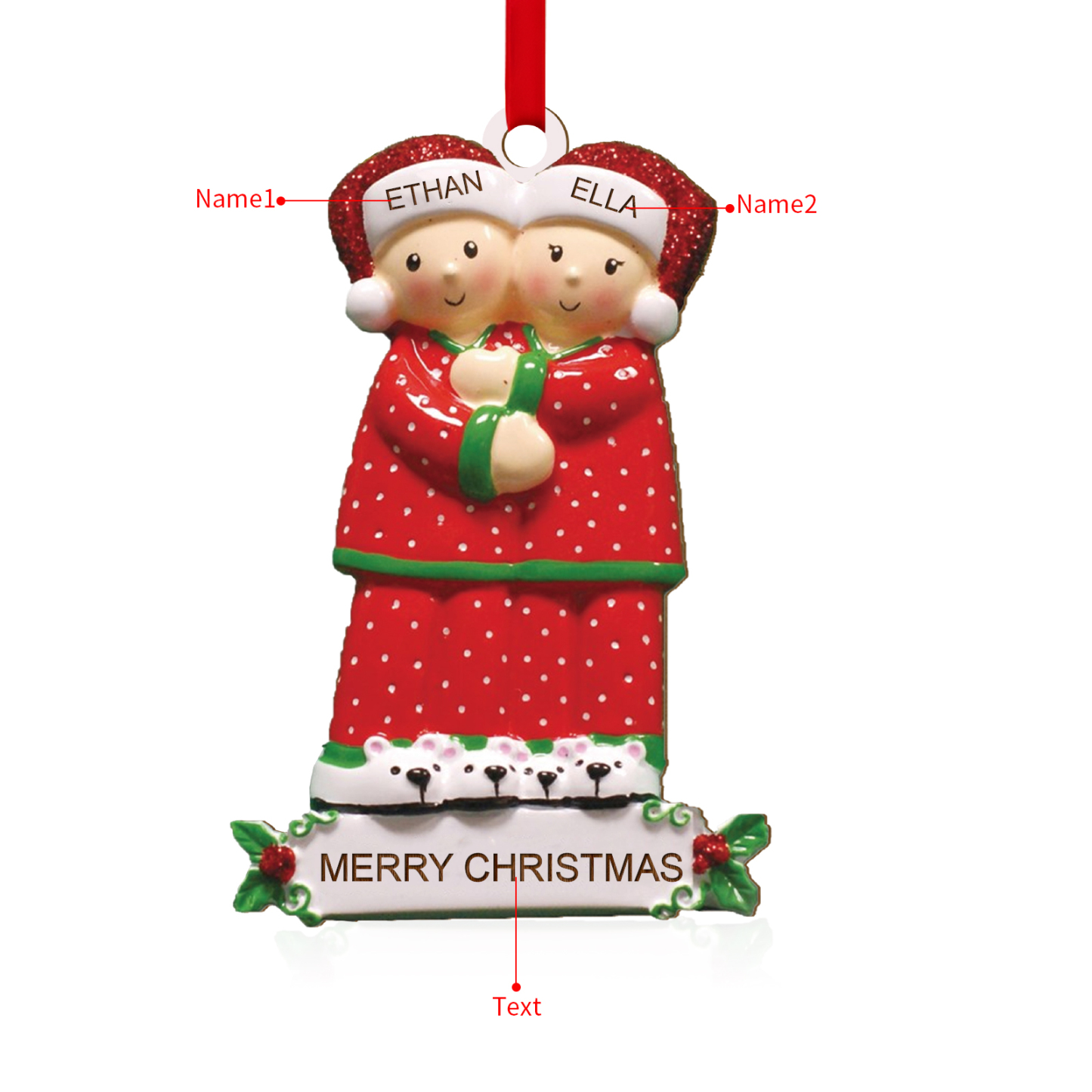 Décoration Sapin Noël en Bois 2 Prénoms Personnalisés avec Texte Ornement pour Famille | Jessemade