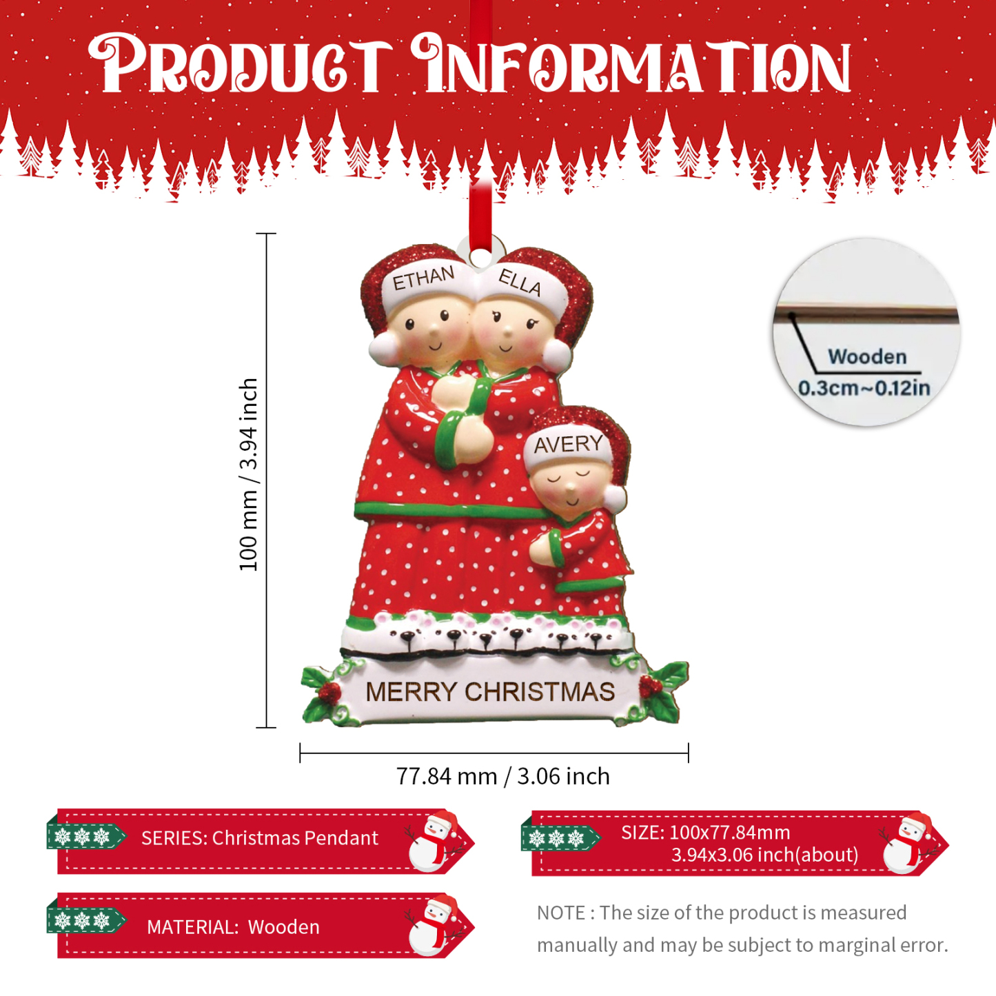 Décoration Sapin Noël en Bois 3 Prénoms Personnalisés avec Texte Ornement pour Famille | Jessemade