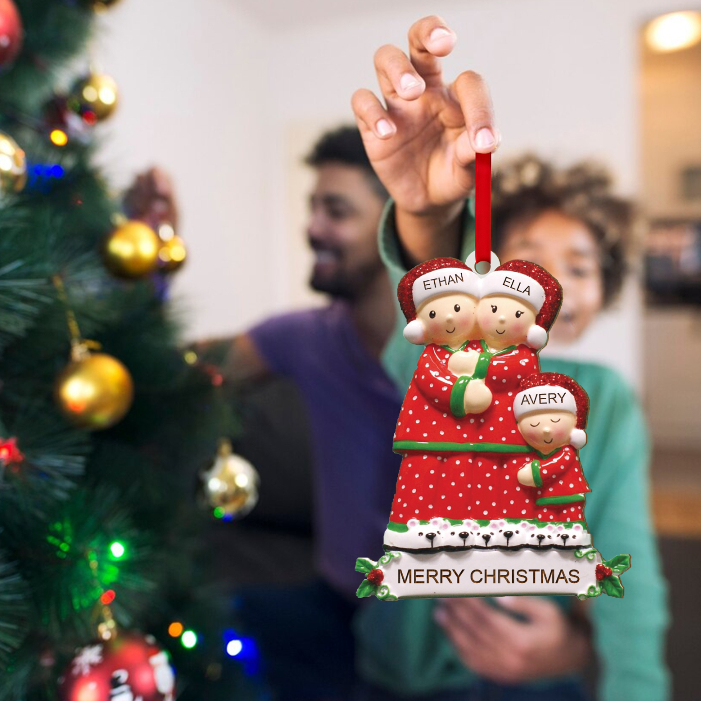 Décoration Sapin Noël en Bois 3 Prénoms Personnalisés avec Texte Ornement pour Famille | Jessemade