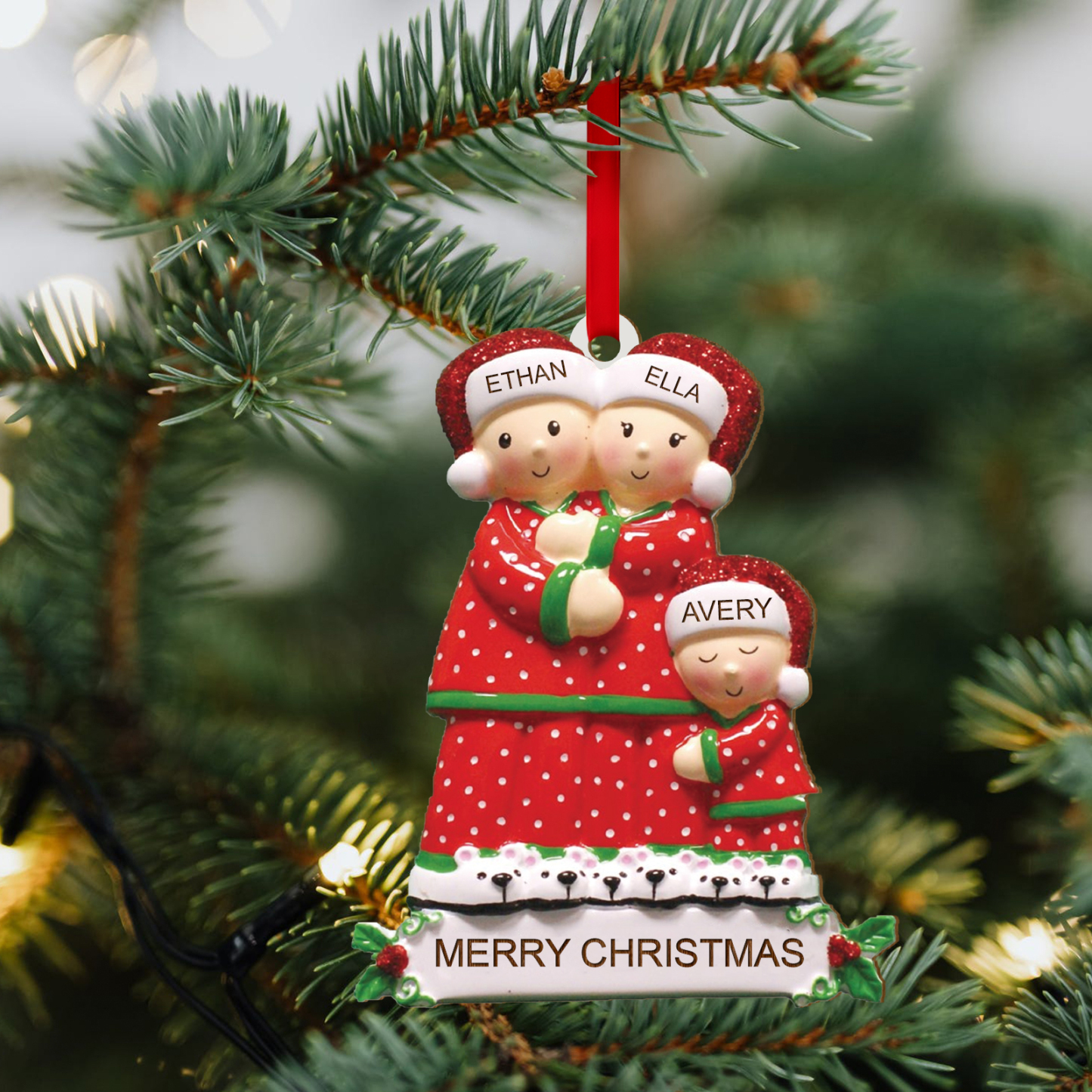 Décoration Sapin Noël en Bois 3 Prénoms Personnalisés avec Texte Ornement pour Famille | Jessemade